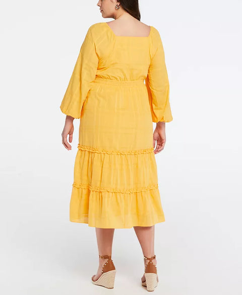 ELLA Women's Yellow Rafaella Plus Size Cotton Square Neck Puff Sleeve Dress | ELLA In Lebanon