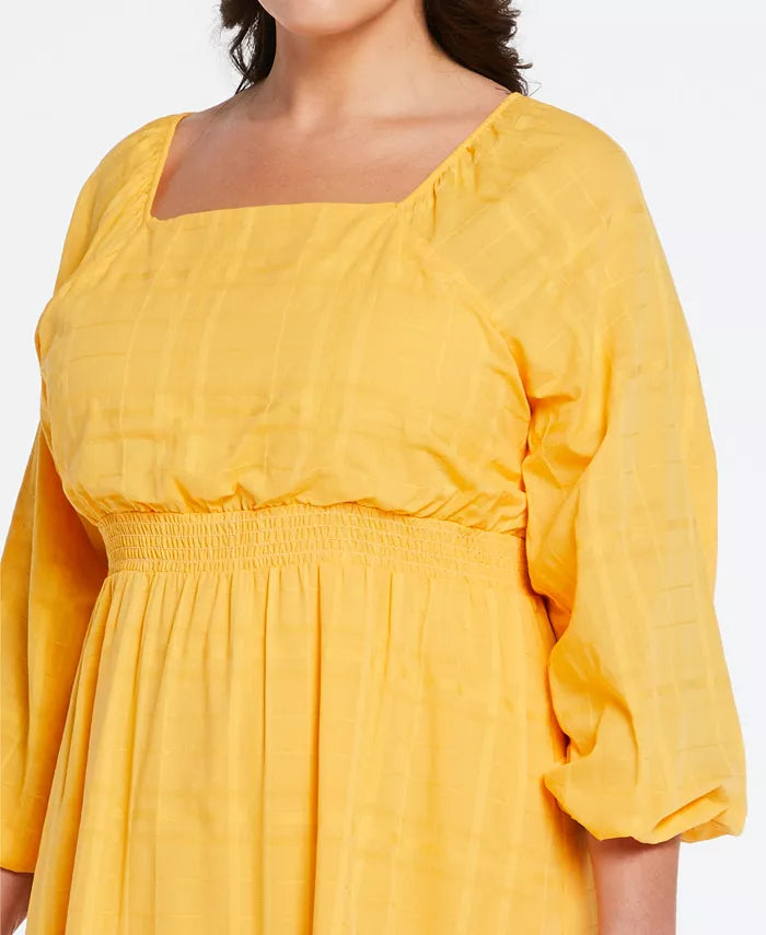 ELLA Women's Yellow Rafaella Plus Size Cotton Square Neck Puff Sleeve Dress | ELLA In Lebanon