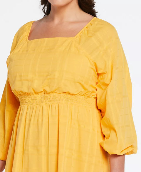 ELLA Women's Yellow Rafaella Plus Size Cotton Square Neck Puff Sleeve Dress | ELLA In Lebanon