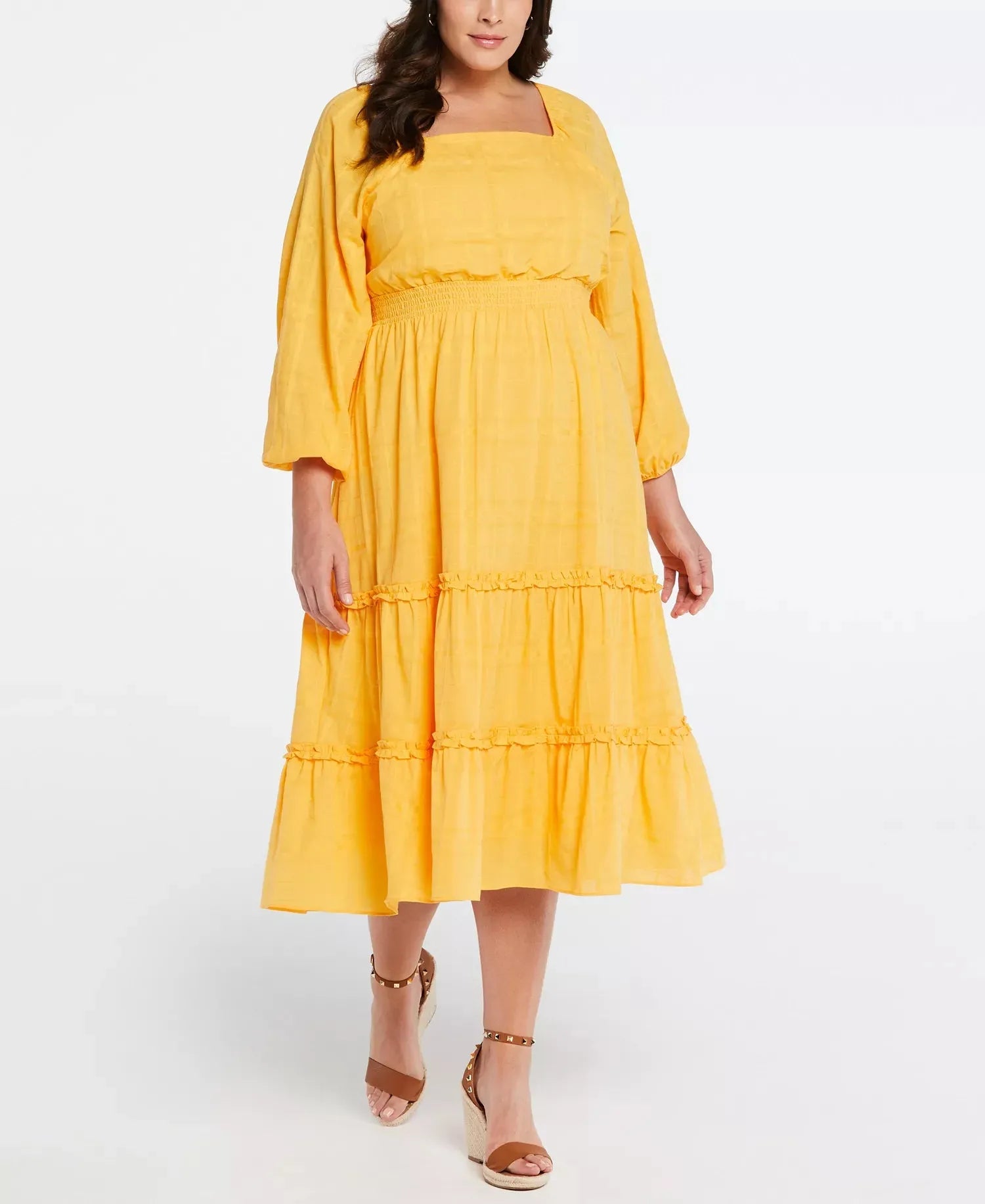 ELLA Women's Yellow Rafaella Plus Size Cotton Square Neck Puff Sleeve Dress | ELLA In Lebanon