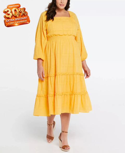 ELLA Women's Yellow Rafaella Plus Size Cotton Square Neck Puff Sleeve Dress | ELLA In Lebanon