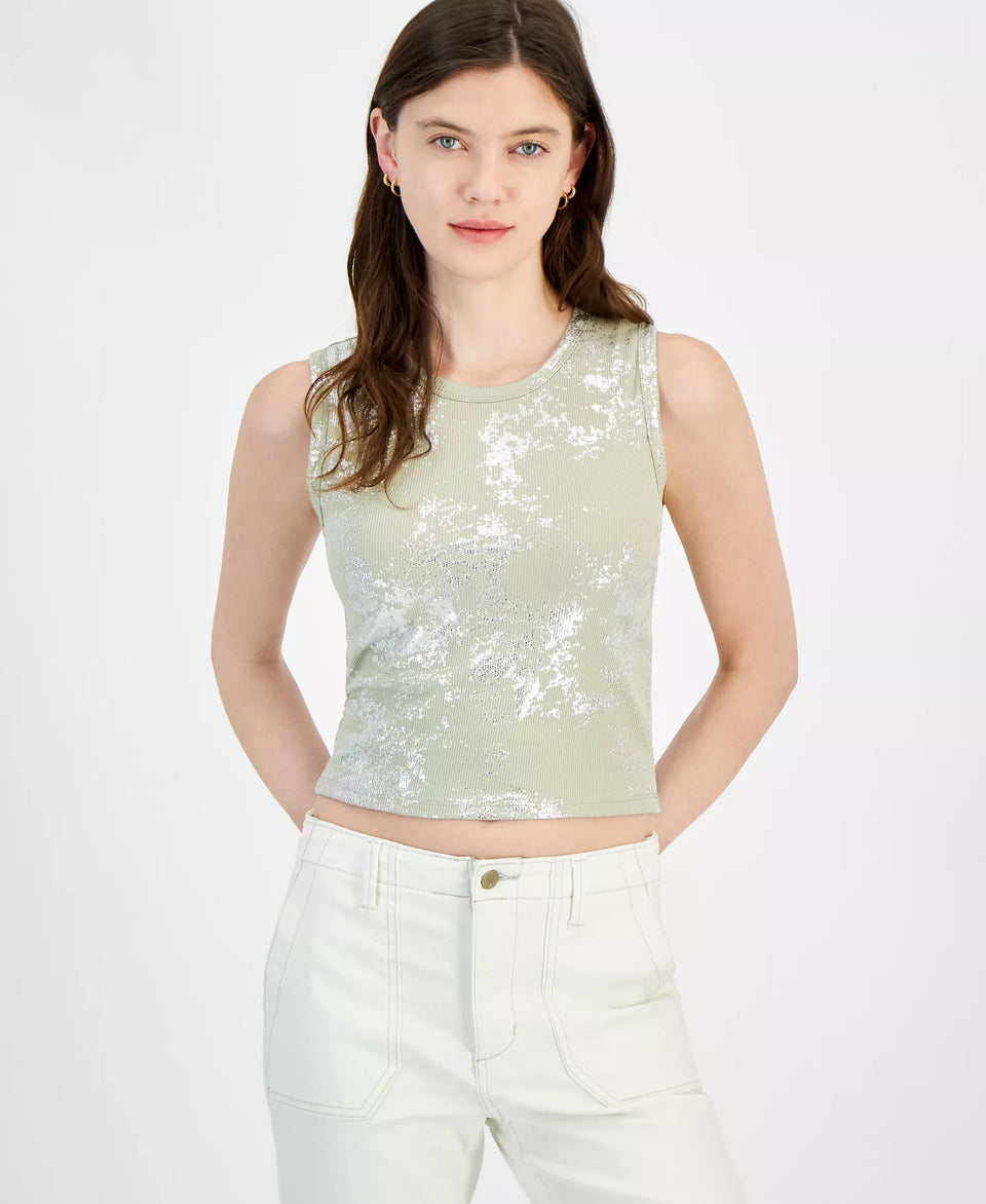 Just Polly Women's Khaki Metallic Foil Ribbed Crewneck Sleeveless Blouse |Just Polly In Lebanon