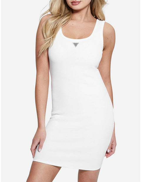 White sleeveless dress worn by a model on a white background