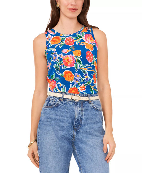 Vince Camuto Women's Blue Floral Crewneck Split Back Keyhole Tank Top | Vince Camuto In Lebanon