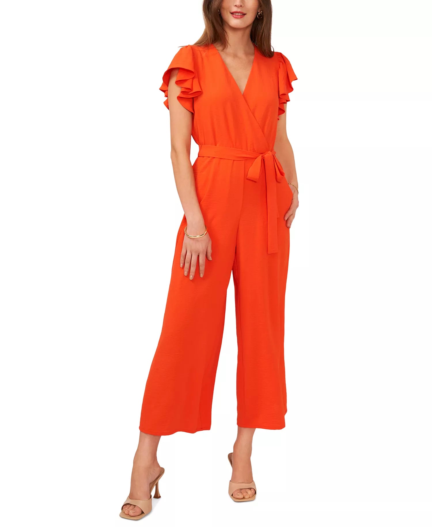 Vince Camuto Women's Orange V Neck Flutter Sleeve Crop Jumpsuit | Vince Camuto In Lebanon