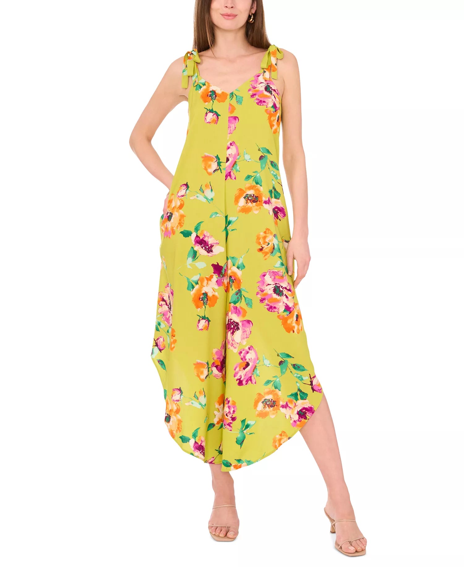 Vince Camuto Women's Green Floral Tie Shoulder Angled Hem Jumpsuit | Vince Camuto In Lebanon
