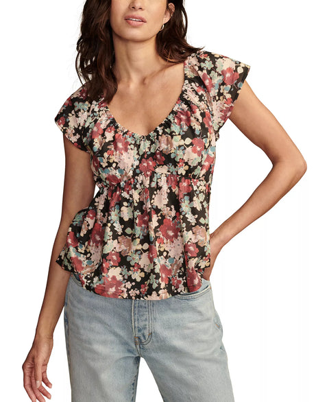 Lucky Brand Women's Black Multi Cotton Laced-Back Babydoll Blouse | Lucky Brand In Lebanon