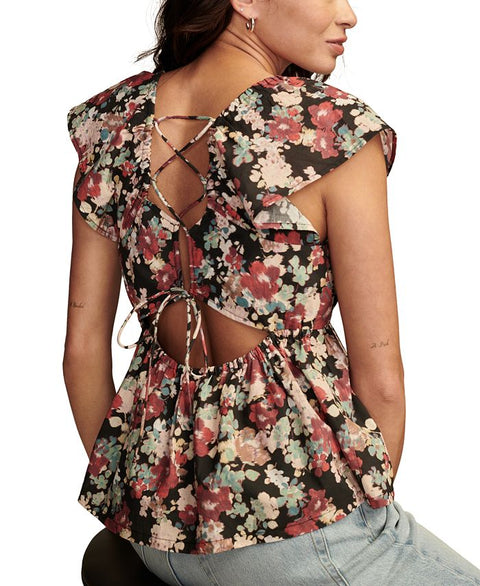 Lucky Brand Women's Black Multi Cotton Laced-Back Babydoll Blouse | Lucky Brand In Lebanon