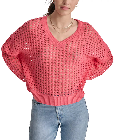 DKNY Women's Hot Pink V-Neck Open Stitch Cotton Sweater | DKNY In Lebanon