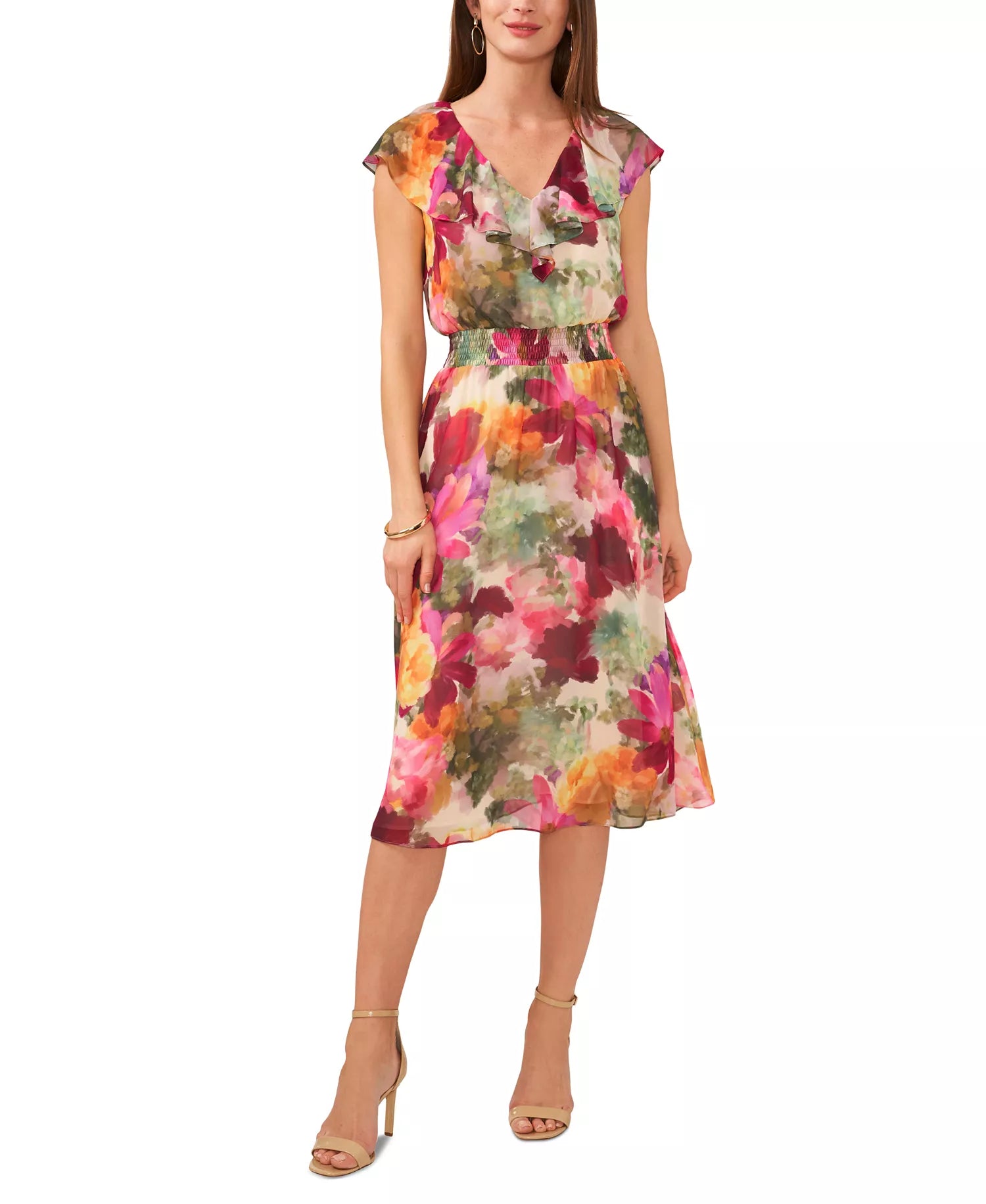 Vince Camuto Women's Multicolor Floral-Print Smocked-Waist Midi Dress | Vince Camuto In Lebanon