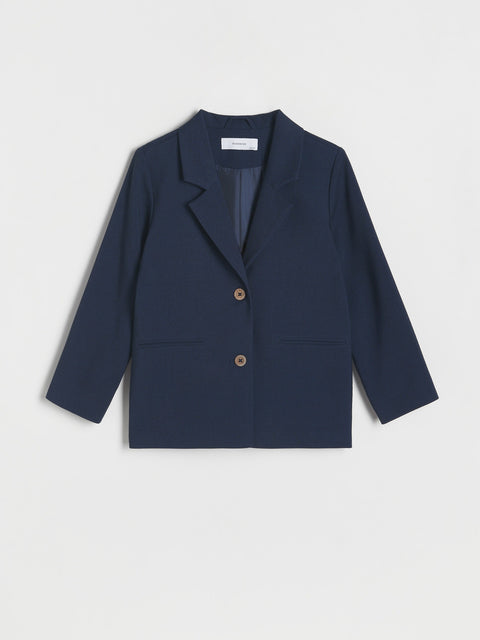 Navy blazer with two buttons on a light gray background