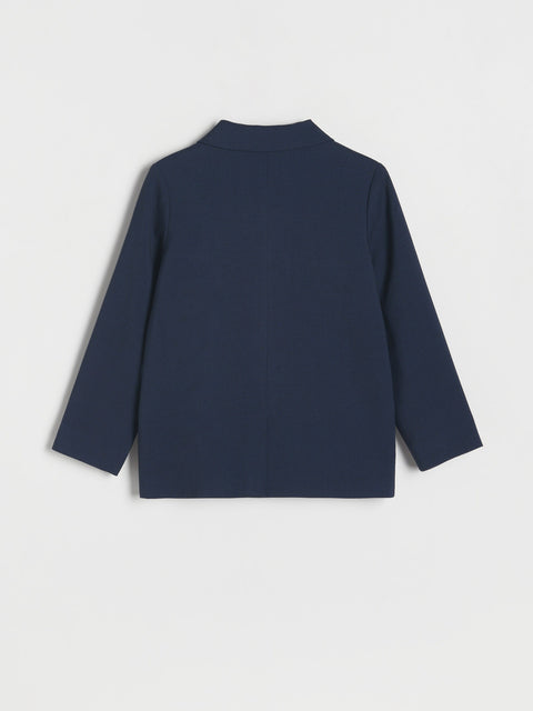 Navy blue long-sleeve shirt on a light gray background