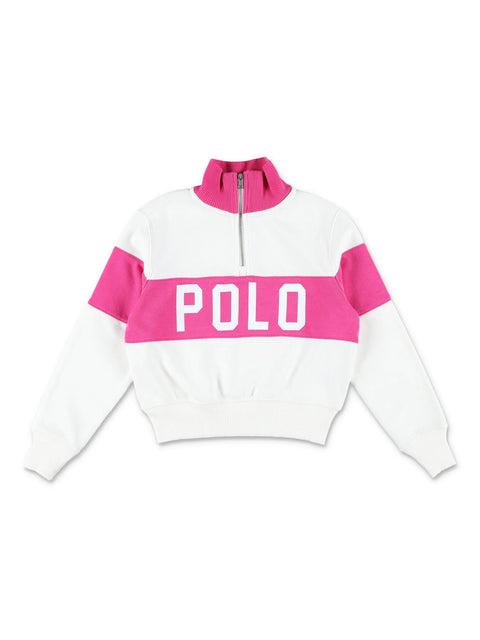 White and pink sweatshirt with 'POLO' branding on a white background