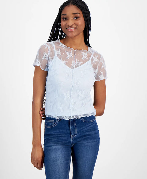 Ultra Flirt Women's Light Blue Lace Short Sleeve Blouse | Ultra Flirt In Lebanon