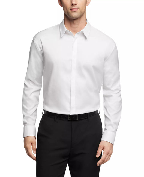 Man wearing a white dress shirt and black pants on a white background