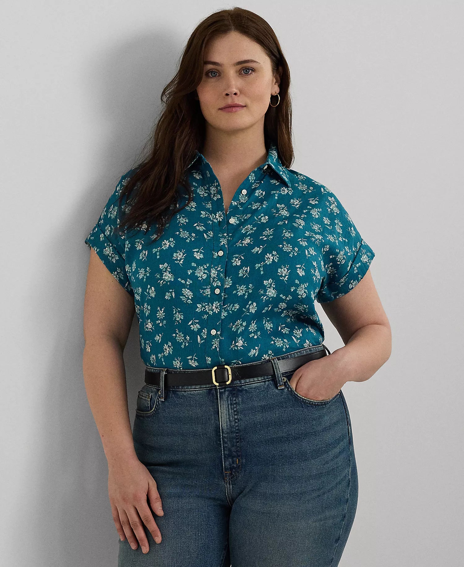 Lauren Ralph Lauren Women's Indigo Blue Plus Size Cuffed Linen Floral Shirt | Lauren Ralph Lauren In Lebanon