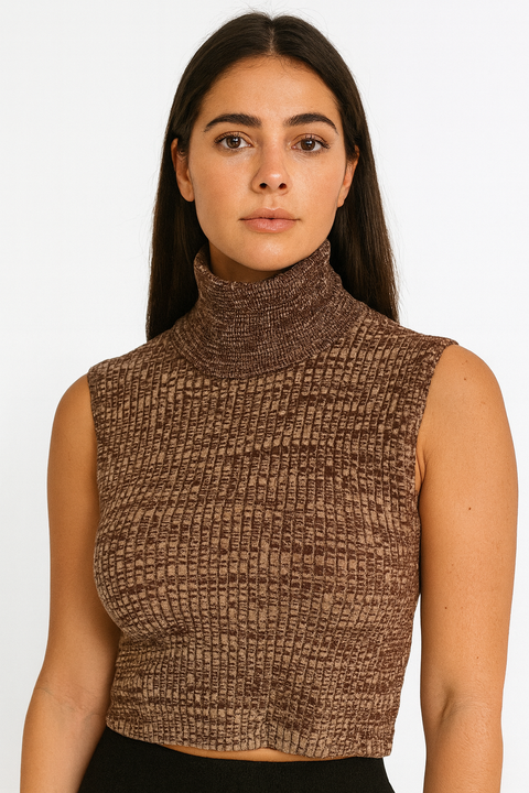 Forever 21 Women's Brown & White Turtle Neck Ribbed Sleeveless Blouse | Forever 21 In Lebanon