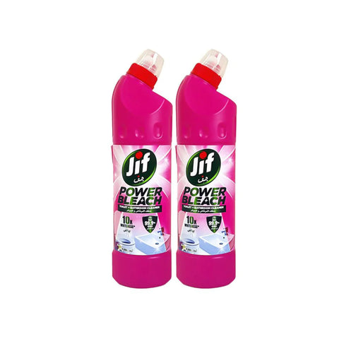 Two pink bottles of Jif Power Bleach Bathroom Cleaner with a label showing the product name and a graphic of a toilet.