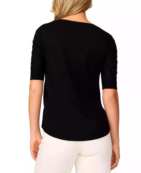 Melissa Paige Women's Black Yoke Wave Stitch Elbow-Sleeve T-Shirt| Melissa Paige In Lebanon