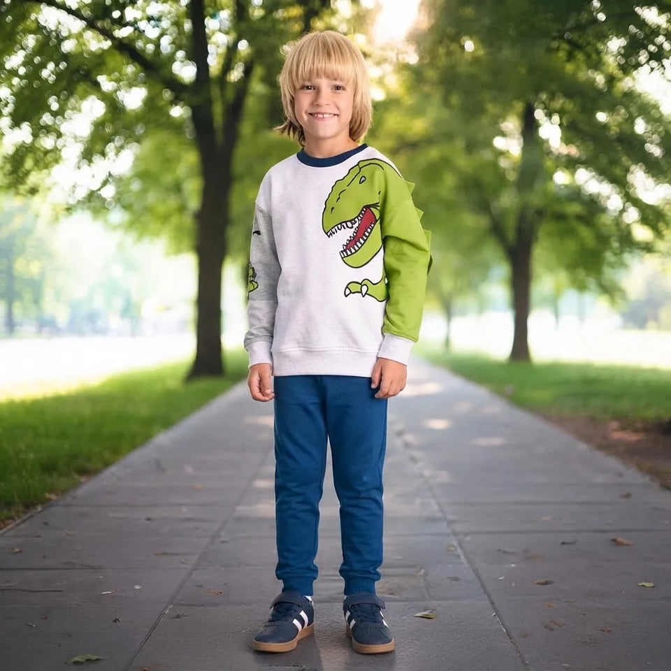 Sinsay Boy's White and Blue Marl Green Dinosaur Sweatshirt with a Matching Sweatpants Set