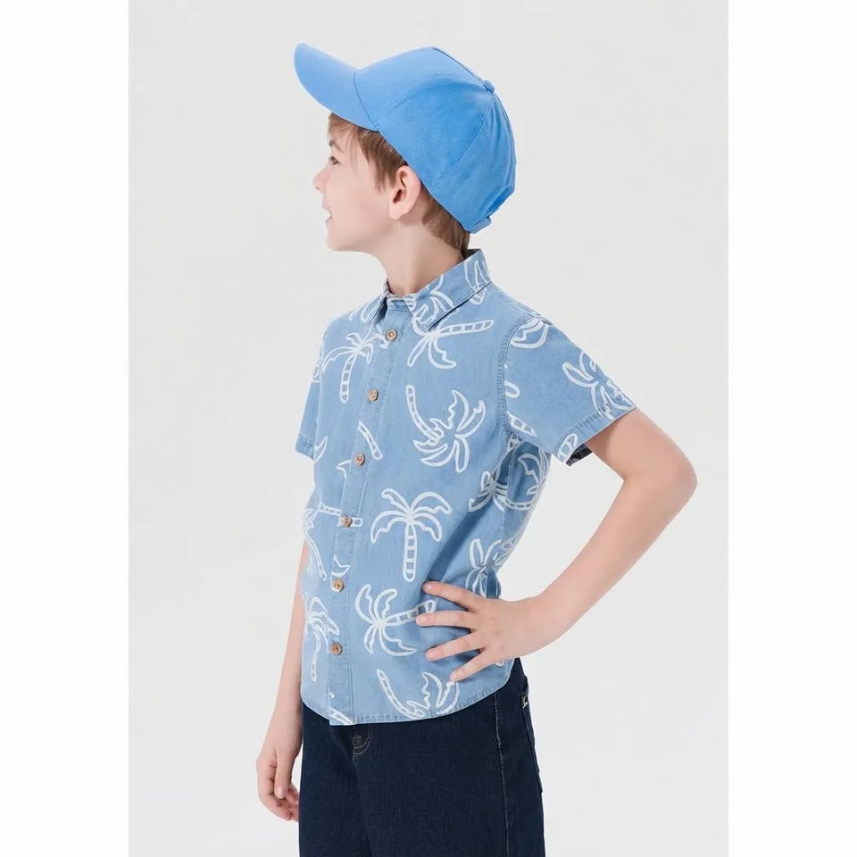 Sinsay Boy's Light Blue Denim Look Fabric with an All Over Tree Print Shirt