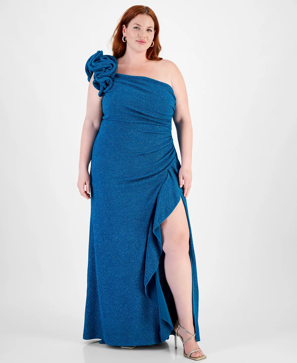 City Studios Women's Teal Plus Size One-Shoulder Ruffle-Trim Glitter Gown Dress | City Studios In Lebanon