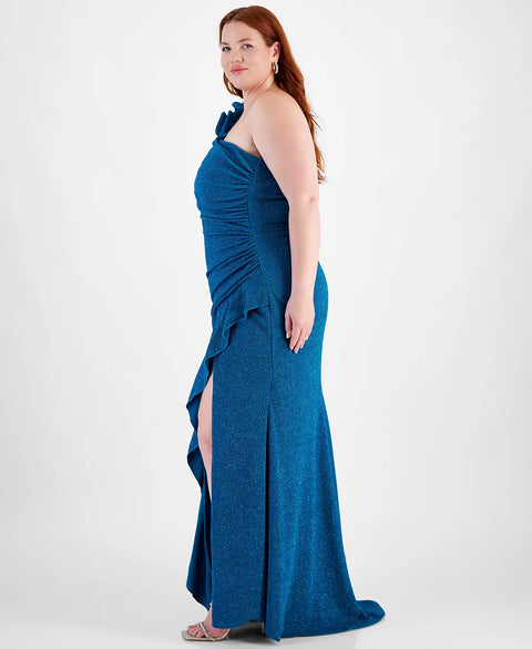 City Studios Women's Teal Plus Size One-Shoulder Ruffle-Trim Glitter Gown Dress | City Studios In Lebanon