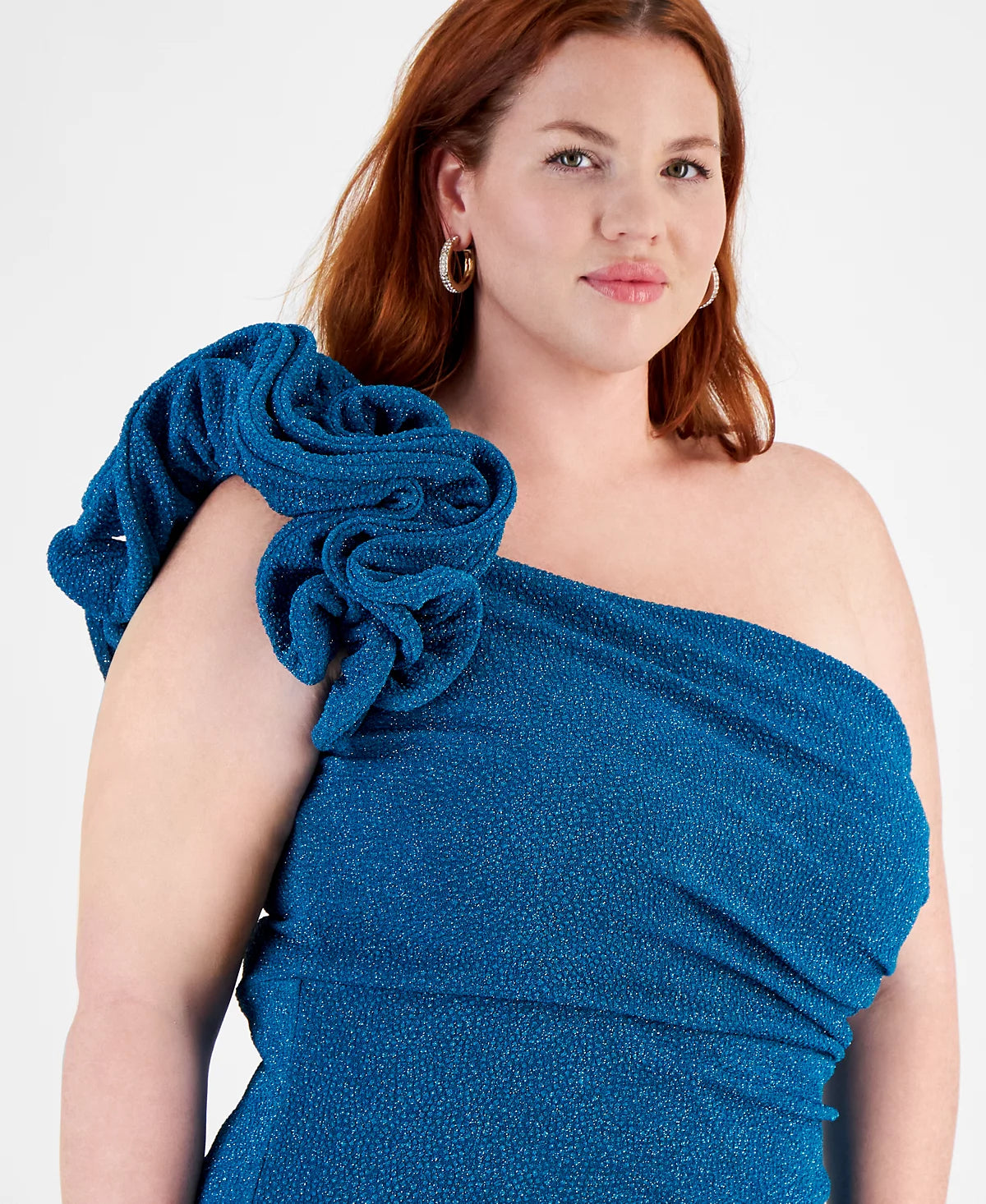 City Studios Women's Teal Plus Size One-Shoulder Ruffle-Trim Glitter Gown Dress | City Studios In Lebanon