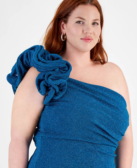 City Studios Women's Teal Plus Size One-Shoulder Ruffle-Trim Glitter Gown Dress | City Studios In Lebanon