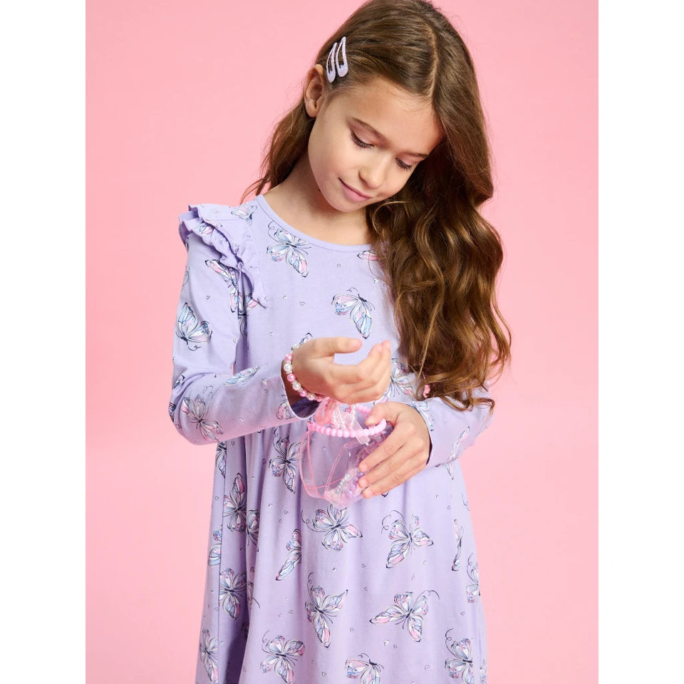 Sinsay Girl's Purple Butterfly Print Long-Sleeve Ruffle Dress