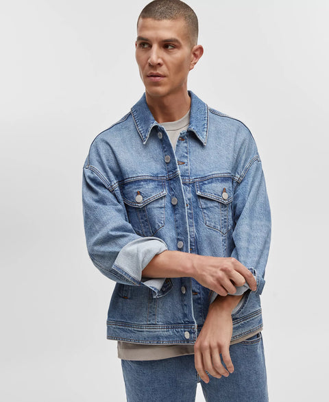 Mode of One Men's Blue Regular-Fit Denim Trucker Jacket  | Mode of One In Lebanon