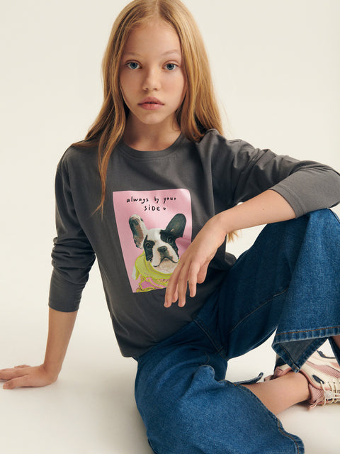Reserved Girl's Dark Grey Long-sleeved Cotton Blouse With Print | Reserved In Lebanon