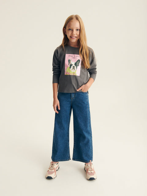 Reserved Girl's Dark Grey Long-sleeved Cotton Blouse With Print | Reserved In Lebanon