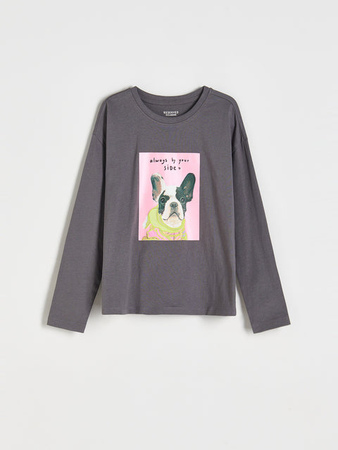 Reserved Girl's Dark Grey Long-sleeved Cotton Blouse With Print | Reserved In Lebanon