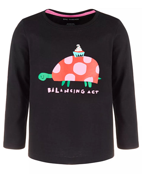 Black long-sleeve shirt with a colorful turtle graphic and 'Balancing Act' text on a white background.