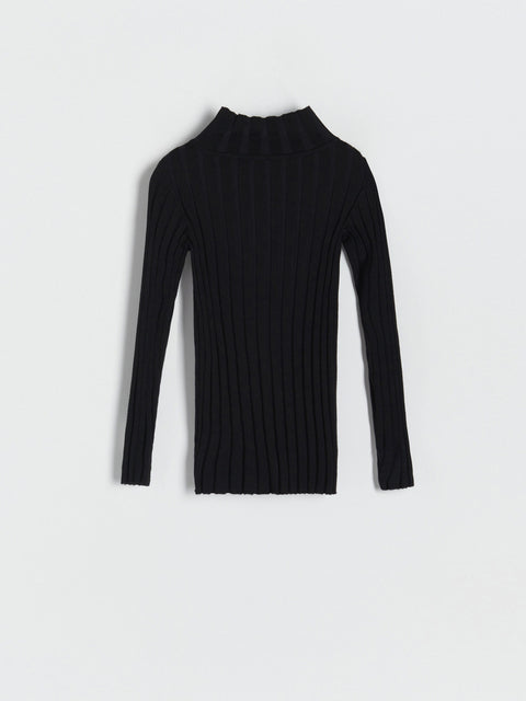 Black ribbed long-sleeve top on a light gray background