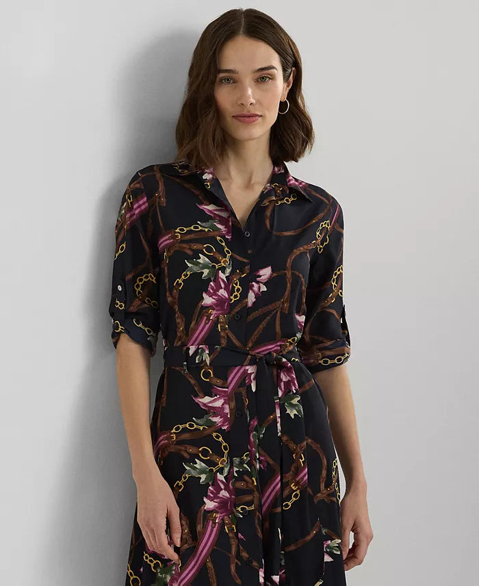 Lauren Ralph Lauren Women's Navy Petite Belted Floral Shirtdress |Lauren Ralph Lauren In Lebanon