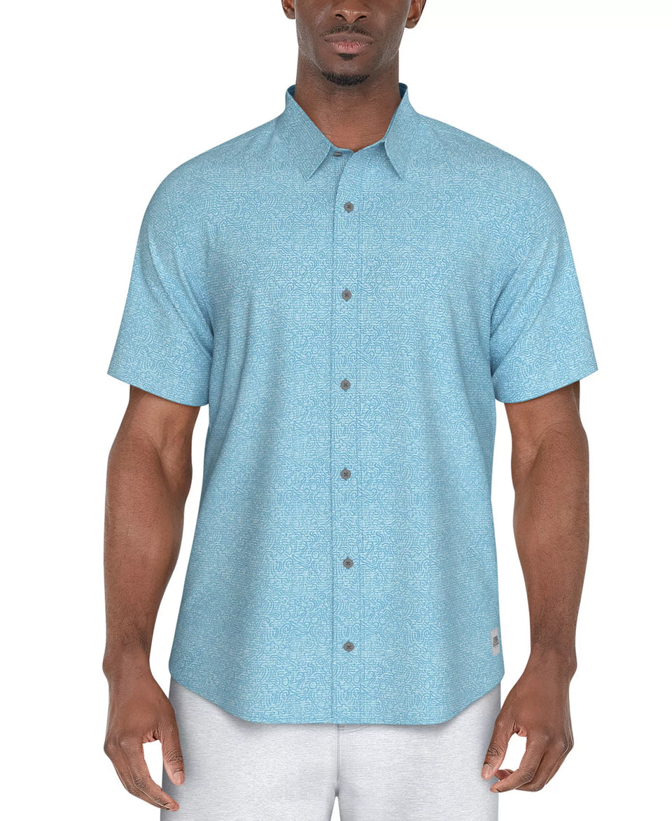 Pga Tour Men's Ethereal Blue Textured Short Sleeve Button-Front Fruit Print Shirt | Pga Tour In Lebanon