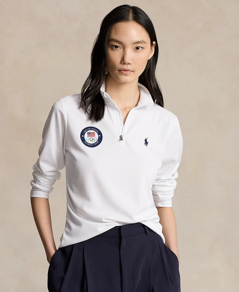 Polo Ralph Lauren Women's White Team USA Micro-Dot Mesh Quarter-Zip Blouse | Polo Ralph Lauren In Lebanon