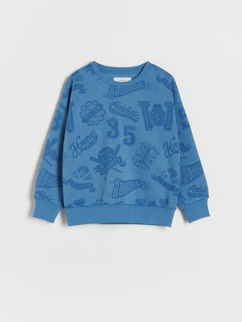 Blue children's sweatshirt with graphics on a light gray background