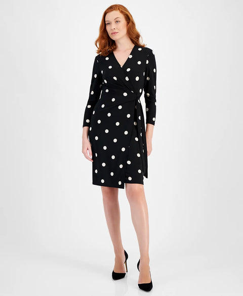 Anne Klein Women's Black Printed 3/4-Sleeve Wrap Dress | Anne Klein In Lebanon
