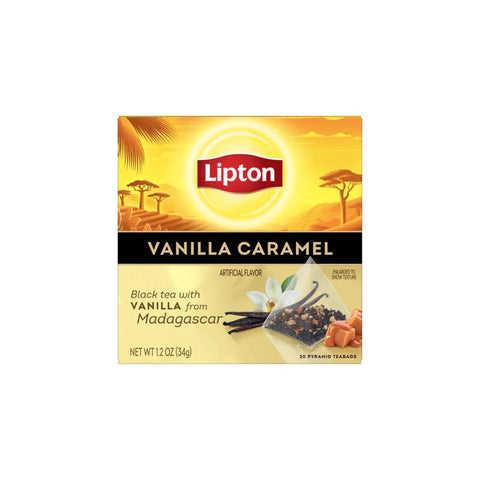 Lipton Vanilla Caramel tea package on a white background