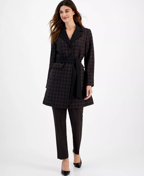 Le Suit Women's Brown/Black Petite Houndstooth Pattern Belted Trench Coat | Le Suit In Lebanon