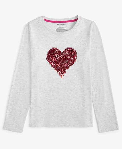 Gray long-sleeve shirt with a red sequin heart design on a white background