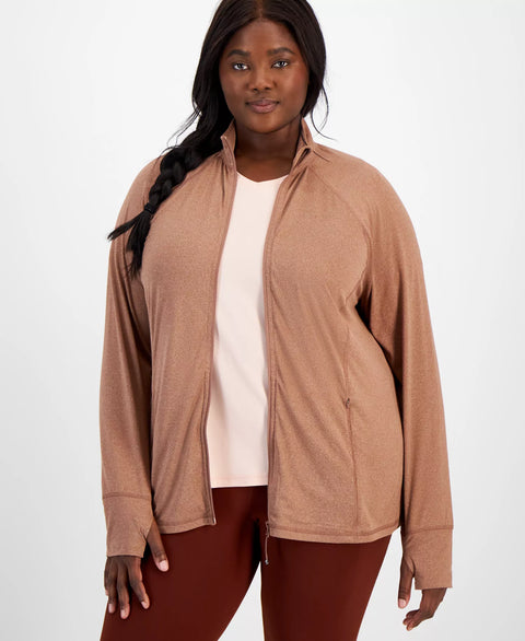 ID Ideology Women's Brown Plus Size Zip-Front Long Sleeve Jacket | ID Ideology In Lebanon