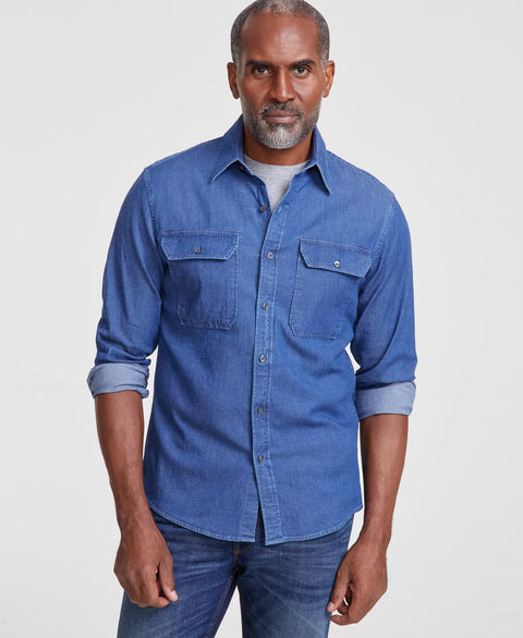Michael Kors Men's Dark Blue Slim-Fit Double Pocket Chambray Long-Sleeve Button-Down Shirt | Michael Kors In Lebanon
