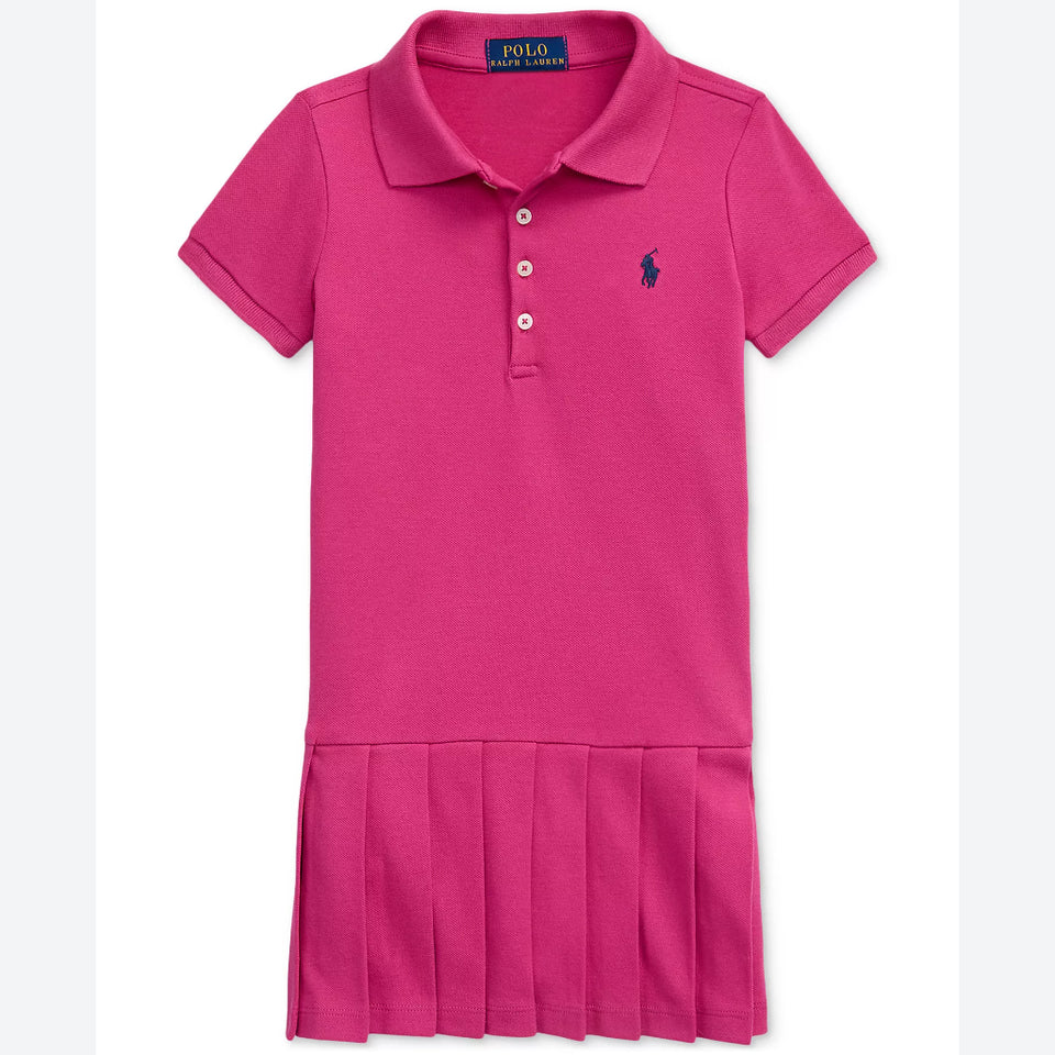 A pink short-sleeve polo dress for girls by Polo Ralph Lauren, featuring a three-button placket and a pleated skirt hem, shown against a plain white background.