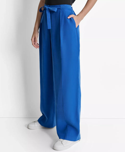 DKNY  Women's Royal Blue Twill Tie-Front Pleated Belted Pants  |DKNY   in Lebanon