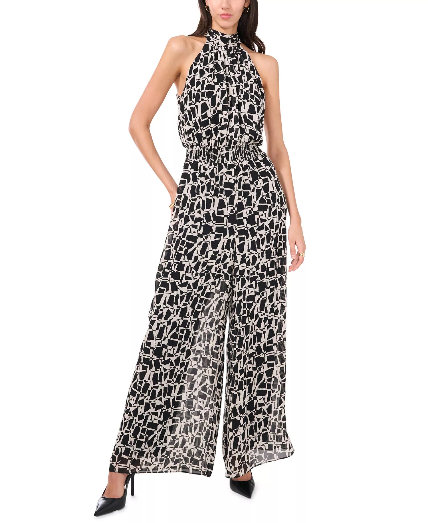 Vince Camuto Women's Black/Beige Halter Smocked-Waist Jumpsuit | Vince Camuto in Lebanon
