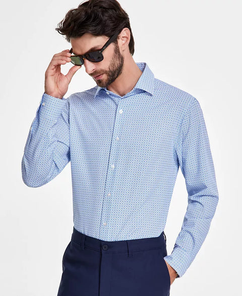Alfani Men's White & Blue Slim-Fit 4-Way Stretch Medallion Dress Shirt |Alfani In Lebanon